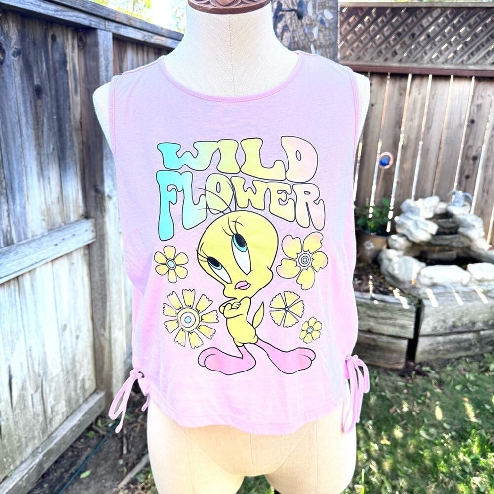 Looney Tunes Tweety Women's Side Tie Knit Tank Top Wild Flower Sz. Large Pink